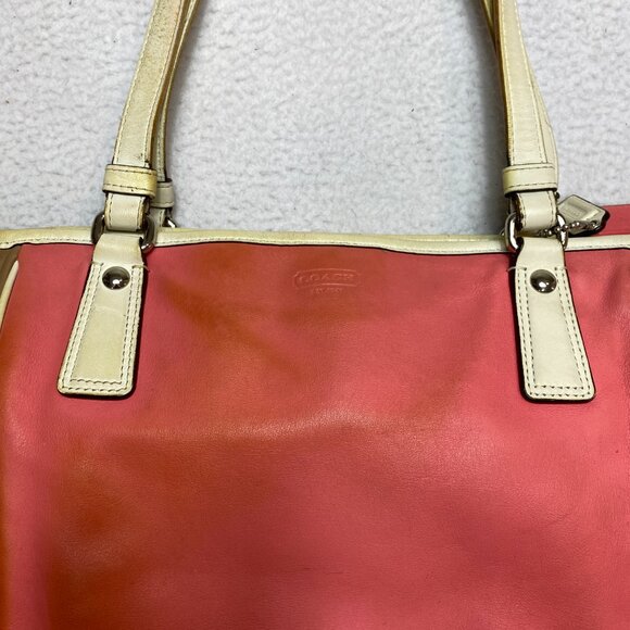 Coach Park Color Block Tote Shoulder Bag Smooth Leather Coral Tan White F23683 - Picture 2 of 13